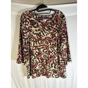 J Jill Womens M Cream Autumn Leaf Print Viscose Button Back Tunic Top Coastal